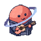 Fluti tocando guitarra em um palco pixel art.