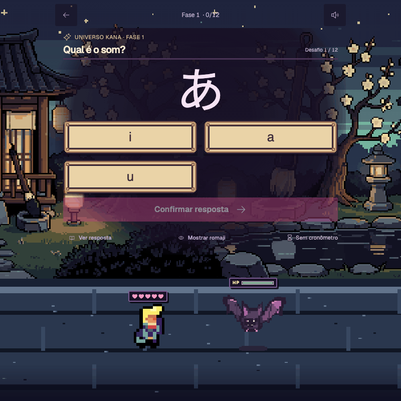 Universo Kana do Fluentei RPG: a pergunta “Qual é o som?” mostra あ e as opções i, u e a, acima da batalha entre o herói e um morcego.