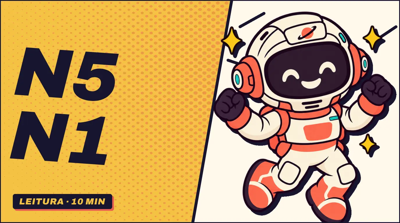 N5 e N1 em letras grandes sobre fundo girassol, ao lado do Ginga, astronauta mascote da Fluentei, que comemora de punhos fechados entre estrelinhas.
